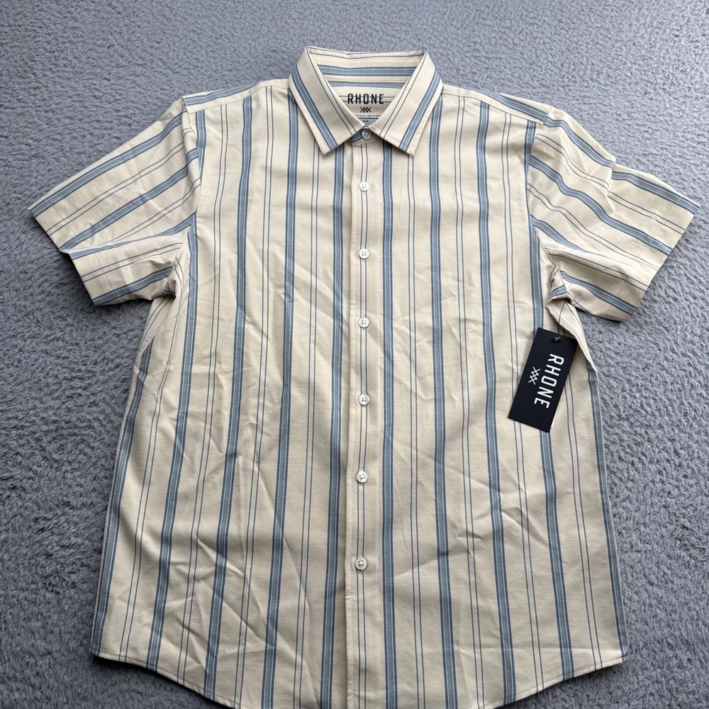 Rhone Brezza Shirt Mens Small Beige NWT Striped Linen Performance Button Up